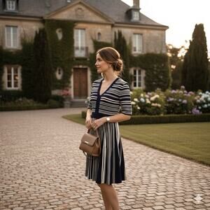 Ted Baker Womens Navy Blue Pink Striped Knit Meemeei Fit Flare Dress Sz 1/S